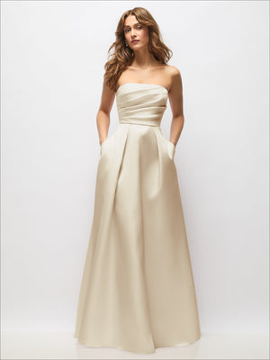 Strapless satin maxi dress in ivory with hand-pleated bodice and full pleated skirt