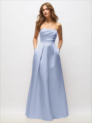Powder blue satin strapless maxi dress with pleated bodice and full pleated skirt
