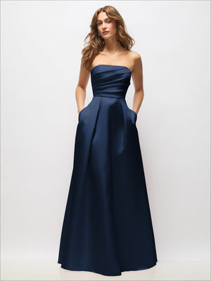 Navy strapless satin maxi dress with sweetheart bodice and pleated full skirt