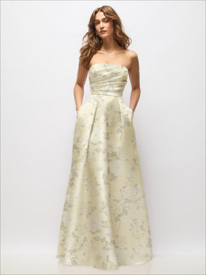 Pale yellow floral strapless satin maxi dress with ruched bodice and full pleated skirt