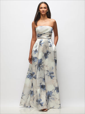 Blue floral strapless satin maxi dress with ruched bodice and full pleated skirt
