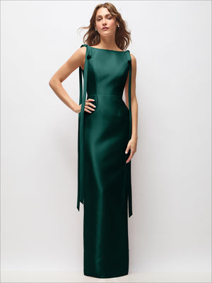 Deep green satin column maxi dress with straight V-neck and long tail bow strap details, front view