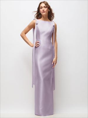 Lilac satin column maxi dress with bateau neckline and long tail bow straps