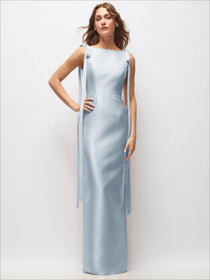 Light blue satin column maxi dress with bateau neckline and long bow-tail straps