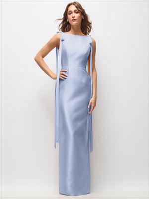Light blue satin column maxi dress with bateau neckline and bow-tie tail straps
