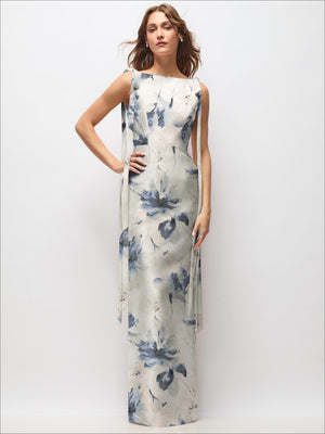 Pale blue floral satin maxi dress, sleeveless bateau neckline, column silhouette, bow strap tails
