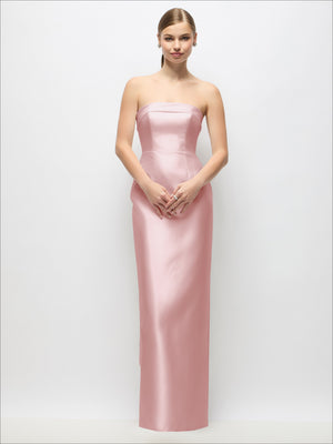 Blush pink strapless satin maxi dress with fitted bodice and column skirt, back bow