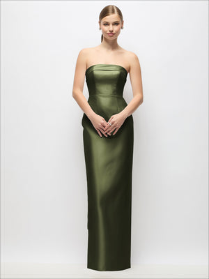 Olive green strapless satin maxi dress with fitted column skirt and back bow detail