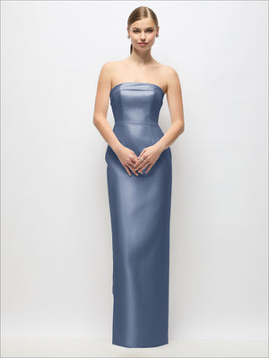 Dusty blue strapless satin maxi dress with column silhouette