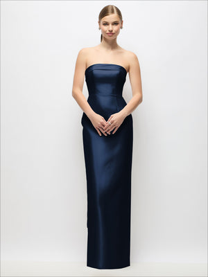 Navy strapless satin maxi dress with fitted column skirt and back bow detail