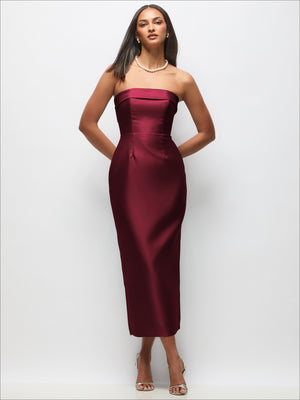 Burgundy strapless satin midi dress with cuff top and column skirt