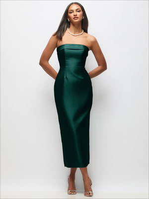 Strapless satin midi dress in deep green with cuff-style top and column skirt
