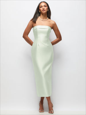 Mint green satin midi dress with strapless neckline and smooth fitted column skirt