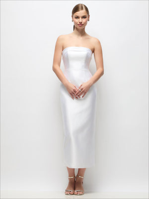 White strapless satin midi dress, fitted column silhouette