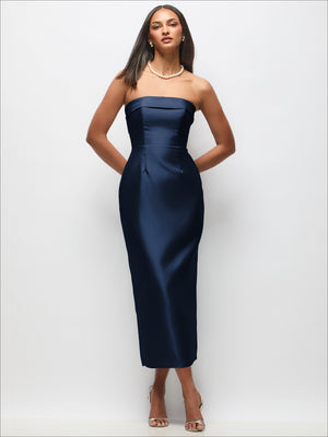 Dark blue satin strapless midi dress with cuffed bodice and back bow