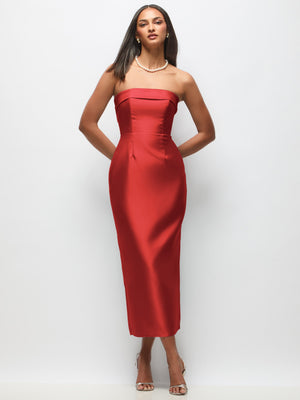 Strapless satin midi dress with back bow, red column skirt