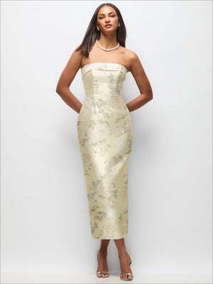 Strapless cream floral satin midi dress with fitted bodice and column skirt
