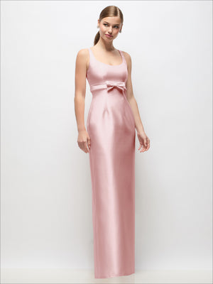 Blush satin column maxi dress with scoop neck and empire waist bow