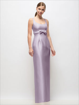 Lilac satin column maxi dress with scoop neck and empire-waist bow