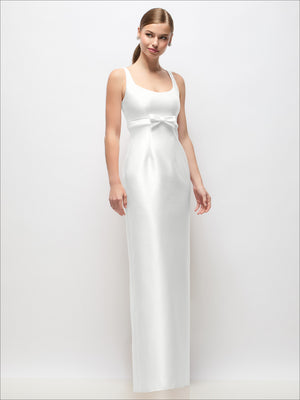 Scoop-neck satin column maxi dress in white, bow at empire waist, sleeveless