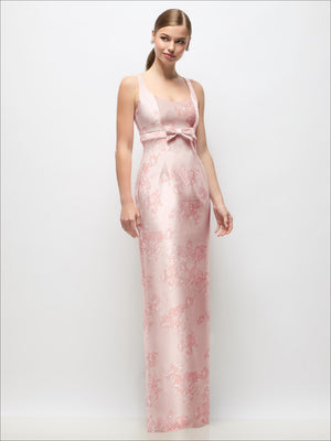 Scoop neck floral satin column maxi dress in pale pink with bow at empire waist
