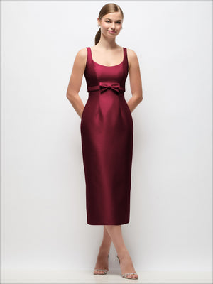 Cabernet satin column midi dress, scoop neck, bow at empire waist, sleeveless