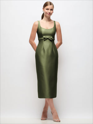 Olive satin column midi dress with scoop neck and empire waist bow, sleeveless