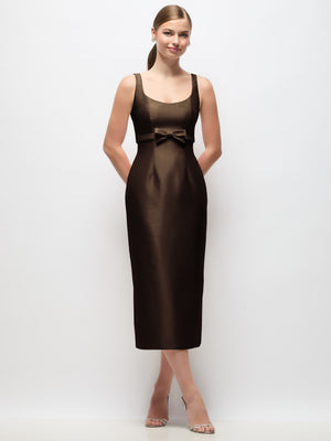 Dark brown scoop-neck satin column midi dress with bow at empire waist, sleeveless