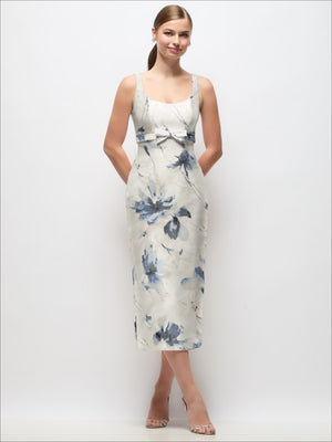 Ivory satin floral midi column dress with scoop neck and bow at empire waist