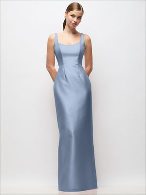 Light blue satin column maxi dress with scoop neckline and fitted waist seams