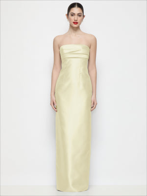 Strapless satin maxi dress in pale yellow with smooth bodice and column skirt