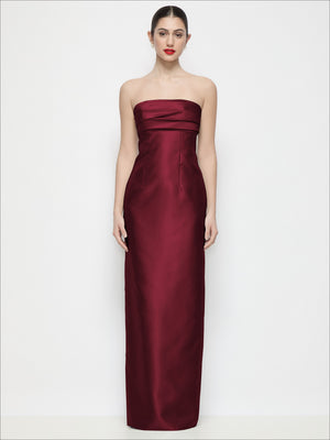 Burgundy strapless pleated empire satin column maxi dress with straight neckline