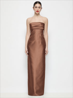 Strapless satin column maxi dress in brown, pleated empire bodice, floor-length