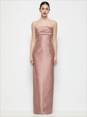Rose-pink satin strapless column maxi dress, pleated empire bodice, sleek skirt