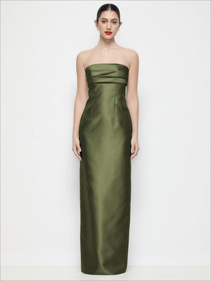 Strapless satin maxi dress in olive green with ruched bust and column skirt