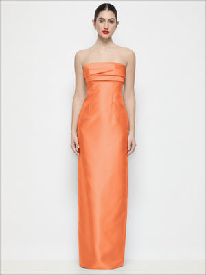 Orange strapless pleated empire satin column maxi dress with straight neckline