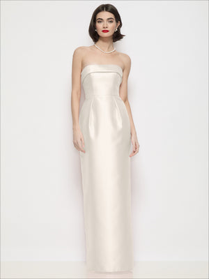 Ivory satin strapless cuff-neck maxi dress with column skirt and structured bodice