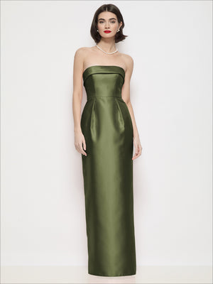 Olive green strapless satin maxi dress with cuff neckline and column skirt