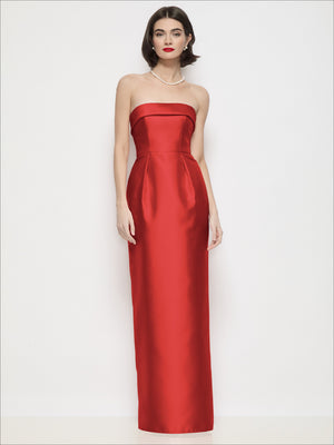 Red strapless satin maxi dress with cuff neckline and column skirt.