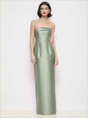 Sage green strapless satin maxi column dress with straight bandeau neckline