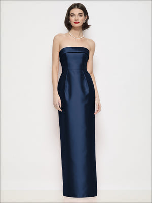 Navy satin strapless cuff-neck maxi dress with column skirt and fitted bodice