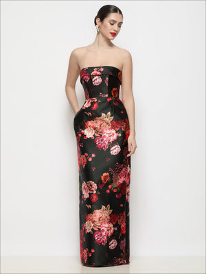 Strapless satin maxi dress with black base and red floral print, fitted column skirt