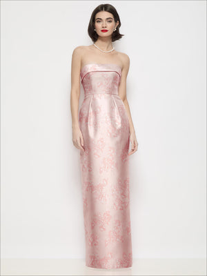 Strapless satin maxi dress, pink floral column skirt and cuff neckline
