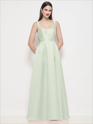 Light mint satin maxi dress with shaped basque bodice, spaghetti straps, pleated skirt
