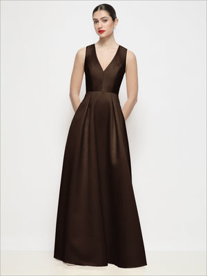 Brown sleeveless V-neck satin maxi dress with gathered pleated skirt