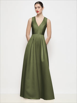 Olive satin maxi dress with sleeveless V-neck and pleated skirt