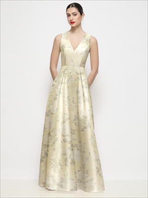 Butter yellow floral satin maxi dress, sleeveless V-neck, pleated skirt