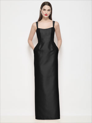 Black satin maxi dress with shaped strap basque bodice and column skirt, front view