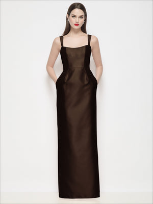 Espresso brown satin maxi dress with thin straps, square neckline, shaped bodice, column skirt