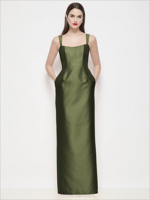 Olive green satin maxi dress with thin straps, square neckline, shaped bodice, column skirt